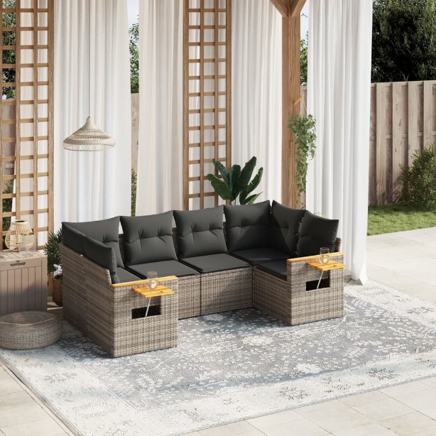 6-tlg. Garten-Sofagarnitur mit Kissen Schwarz Poly Rattan