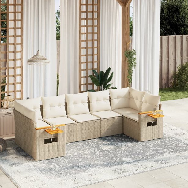 7-tlg. Garten-Sofagarnitur mit Kissen Schwarz Poly Rattan