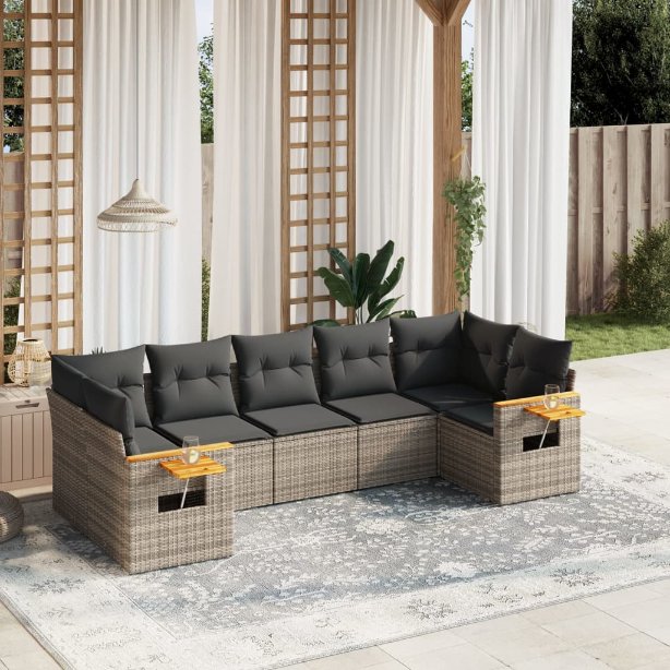7-tlg. Garten-Sofagarnitur mit Kissen Schwarz Poly Rattan