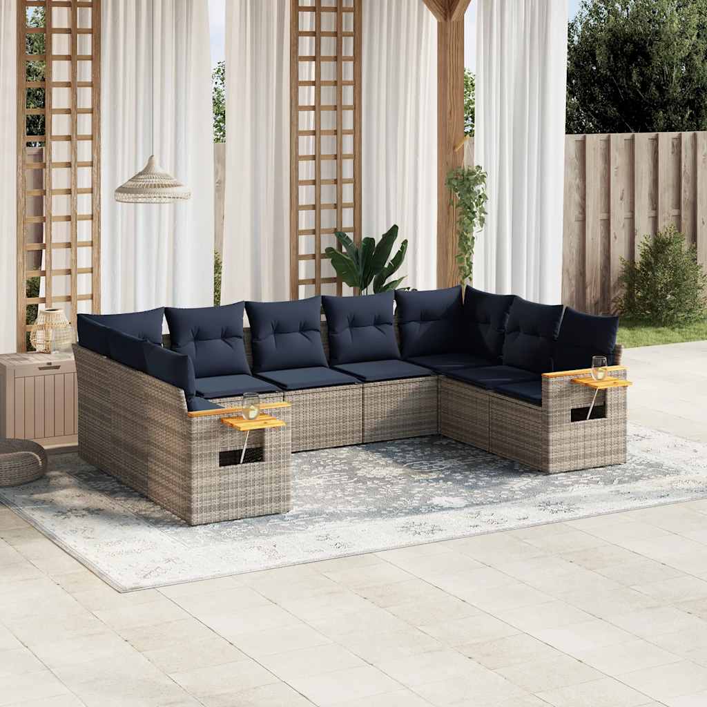 9-tlg. Garten-Sofagarnitur mit Kissen Schwarz Poly Rattan