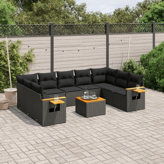 9-tlg. Garten-Sofagarnitur mit Kissen Schwarz Poly Rattan