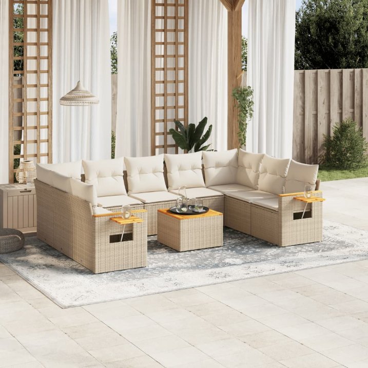 9-tlg. Garten-Sofagarnitur mit Kissen Schwarz Poly Rattan