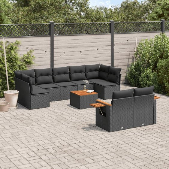 9-tlg. Garten-Sofagarnitur mit Kissen Schwarz Poly Rattan