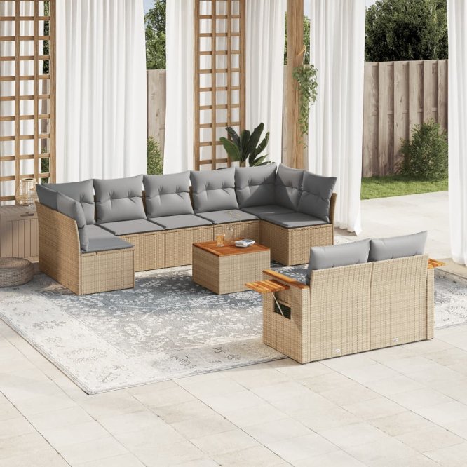 9-tlg. Garten-Sofagarnitur mit Kissen Schwarz Poly Rattan