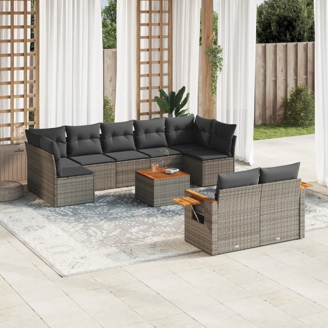 9-tlg. Garten-Sofagarnitur mit Kissen Schwarz Poly Rattan