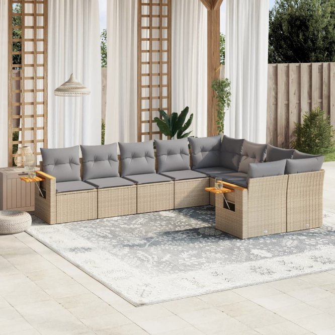 9-tlg. Garten-Sofagarnitur mit Kissen Schwarz Poly Rattan