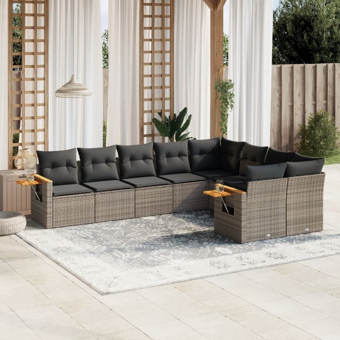 9-tlg. Garten-Sofagarnitur mit Kissen Schwarz Poly Rattan