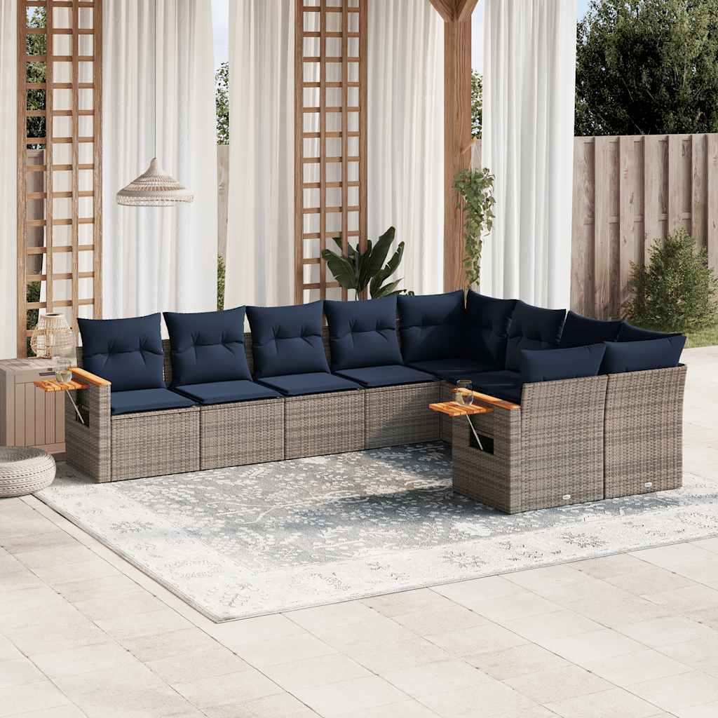 9-tlg. Garten-Sofagarnitur mit Kissen Schwarz Poly Rattan