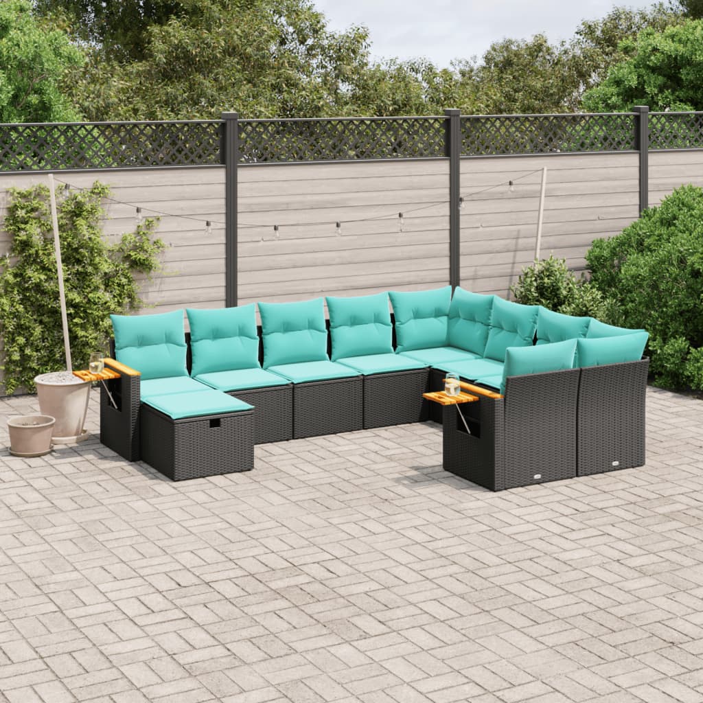 vidaXL 10-tlg. Garten-Sofagarnitur mit Kissen Schwarz Poly Rattan