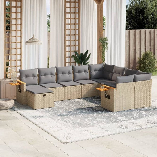 vidaXL 10-tlg. Garten-Sofagarnitur mit Kissen Schwarz Poly Rattan