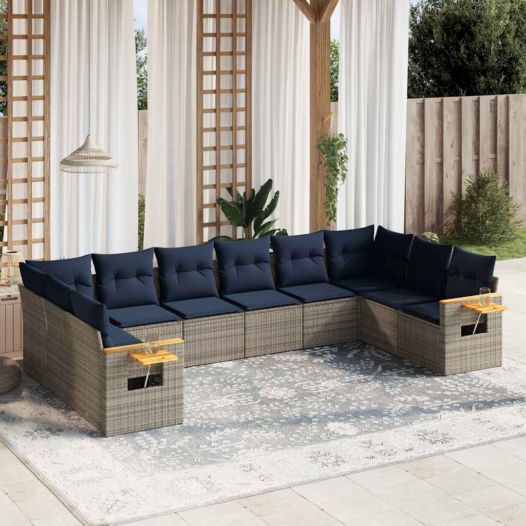 vidaXL 10-tlg. Garten-Sofagarnitur mit Kissen Schwarz Poly Rattan