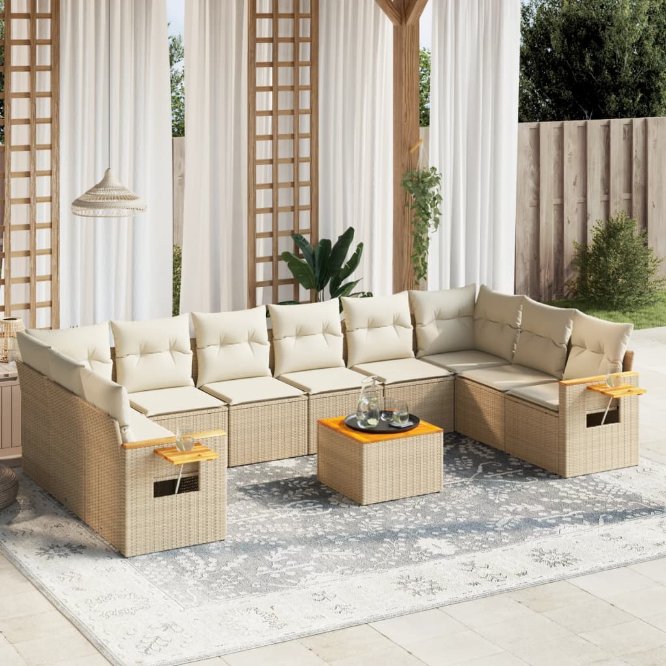 vidaXL 10-tlg. Garten-Sofagarnitur mit Kissen Schwarz Poly Rattan