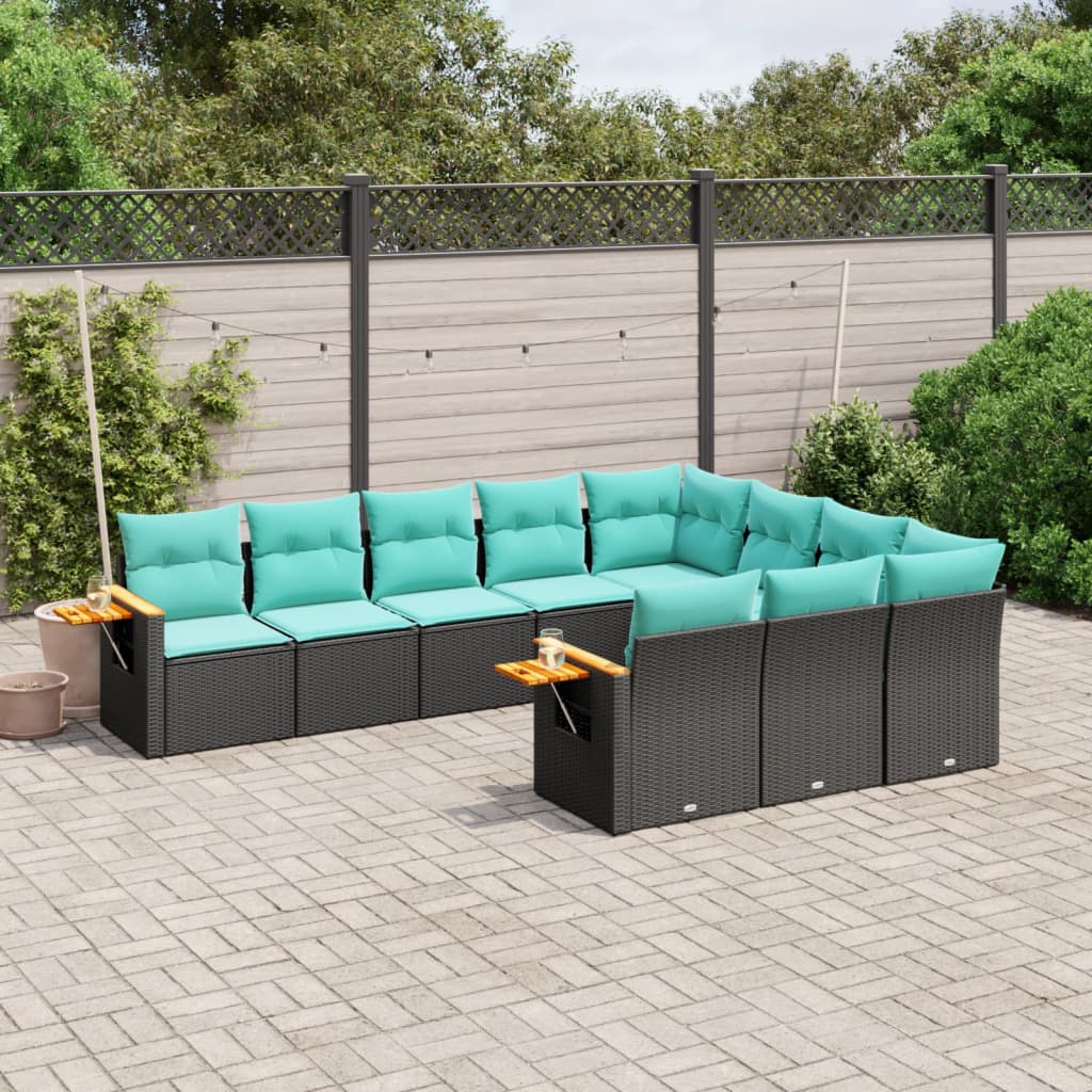 vidaXL 10-tlg. Garten-Sofagarnitur mit Kissen Schwarz Poly Rattan