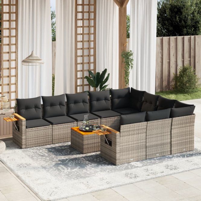 vidaXL 10-tlg. Garten-Sofagarnitur mit Kissen Schwarz Poly Rattan
