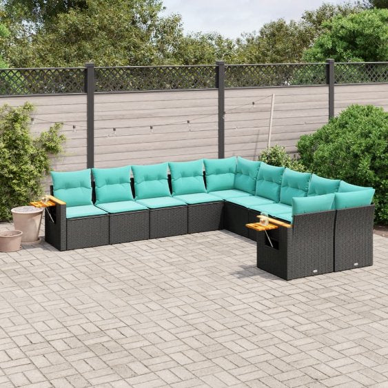 vidaXL 10-tlg. Garten-Sofagarnitur mit Kissen Schwarz Poly Rattan