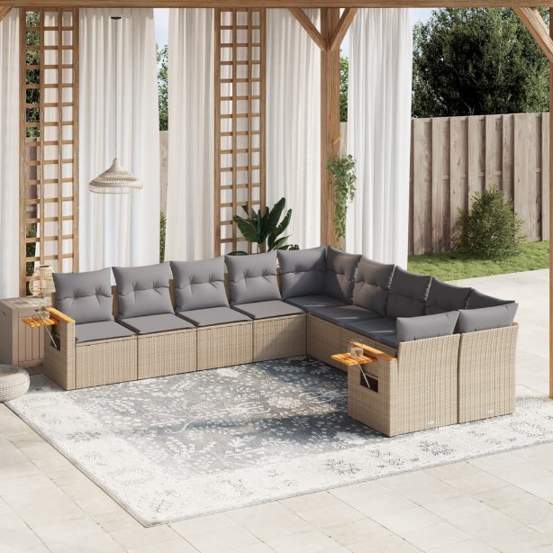 vidaXL 10-tlg. Garten-Sofagarnitur mit Kissen Schwarz Poly Rattan