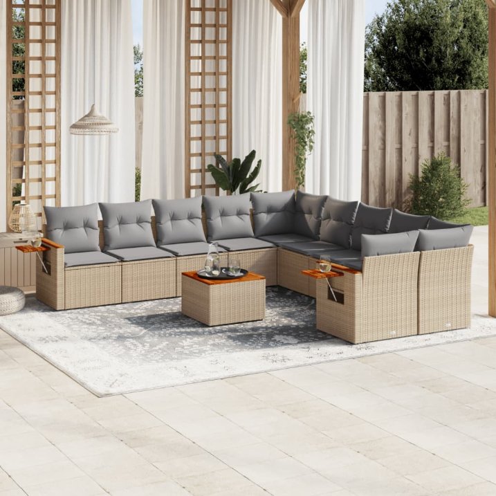 vidaXL 10-tlg. Garten-Sofagarnitur mit Kissen Schwarz Poly Rattan