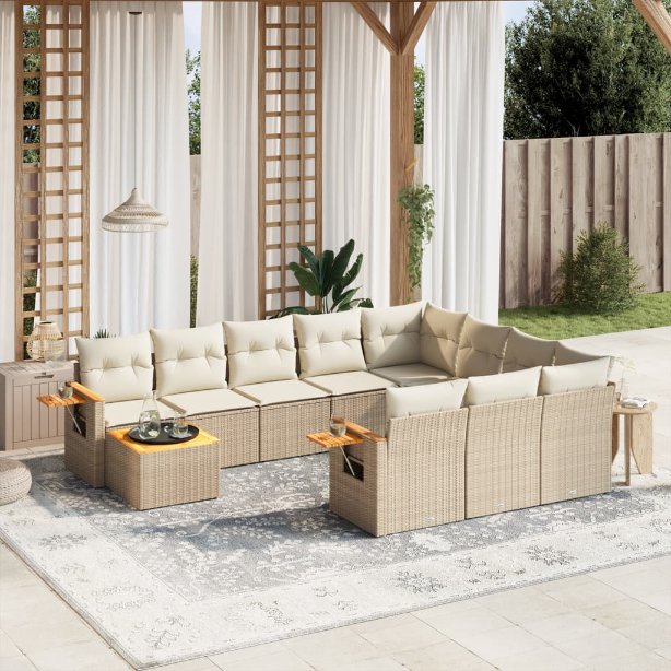11-tlg. Garten-Sofagarnitur mit Kissen Schwarz Poly Rattan