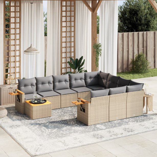 11-tlg. Garten-Sofagarnitur mit Kissen Schwarz Poly Rattan