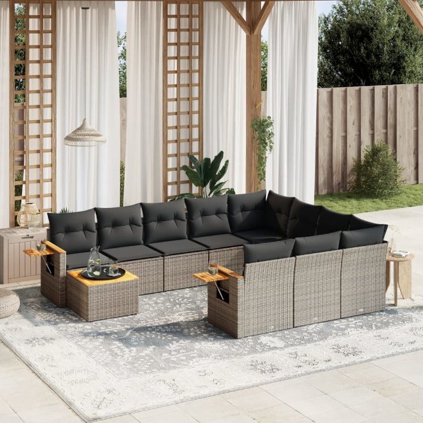 11-tlg. Garten-Sofagarnitur mit Kissen Schwarz Poly Rattan
