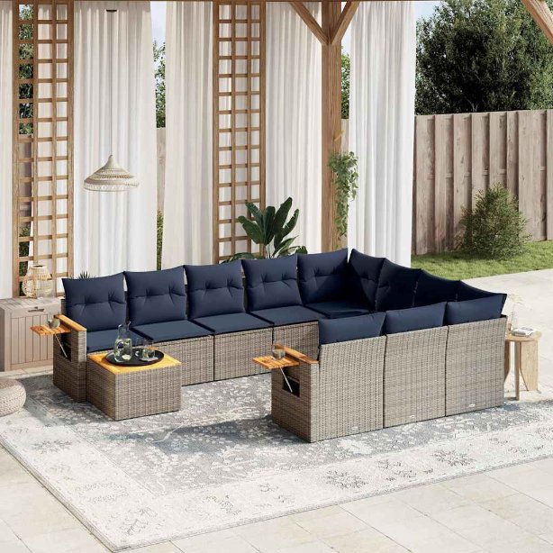 11-tlg. Garten-Sofagarnitur mit Kissen Schwarz Poly Rattan