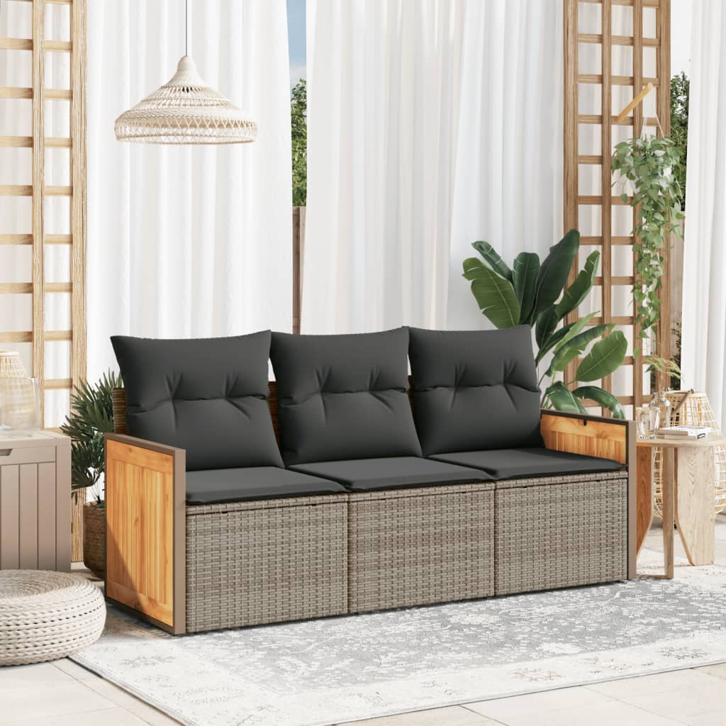 3-tlg. Garten-Sofagarnitur mit Kissen Schwarz Poly Rattan