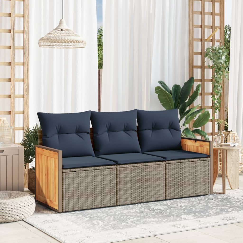 3-teiliges Gartensofa-Set mit Kissen, schwarzes Polyrattan