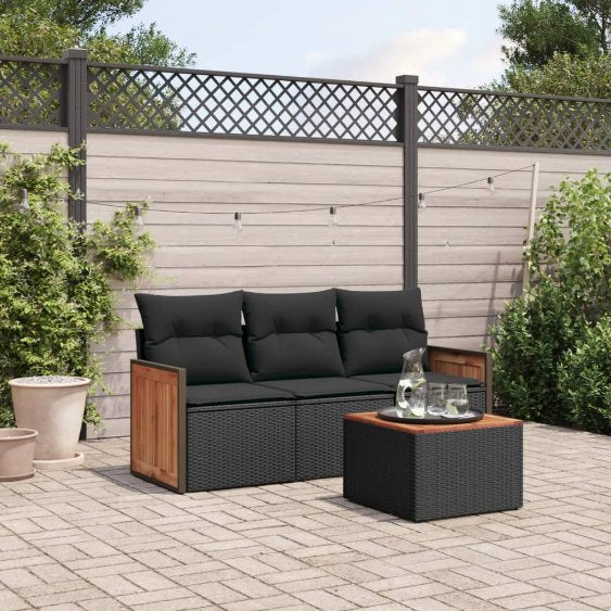 3-tlg. Garten-Sofagarnitur mit Kissen Schwarz Poly Rattan
