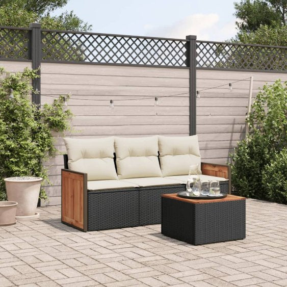 3-tlg. Garten-Sofagarnitur mit Kissen Schwarz Poly Rattan