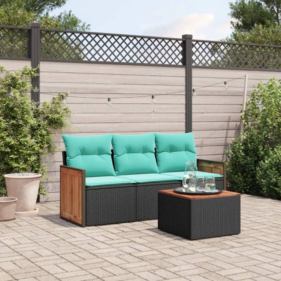 3-teiliges Gartensofa-Set mit Kissen, schwarzes Polyrattan