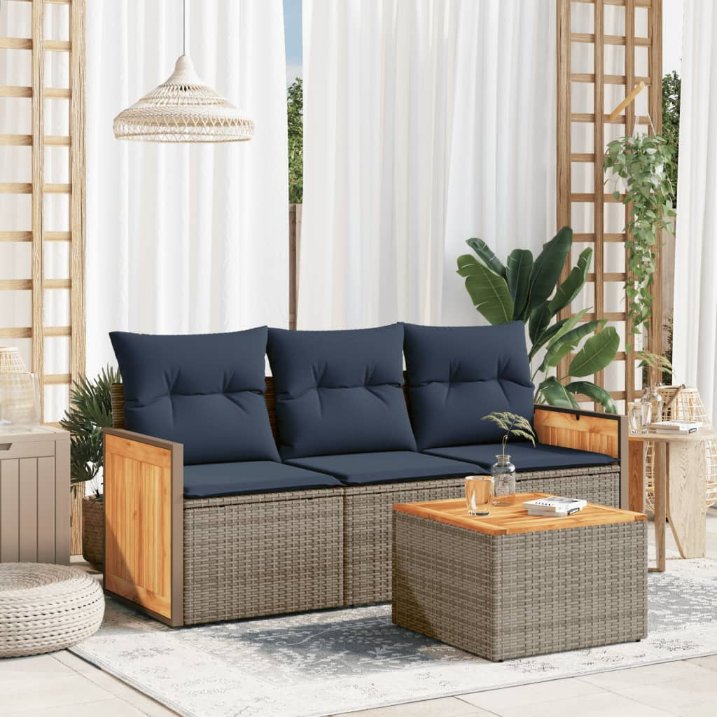 3-teiliges Gartensofa-Set mit Kissen, schwarzes Polyrattan