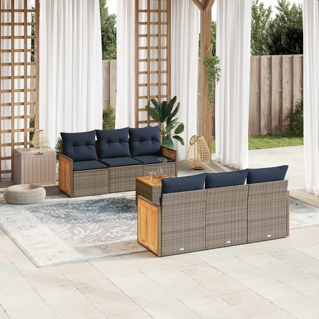 7-teiliges Gartensofa-Set mit Kissen, schwarzes Polyrattan