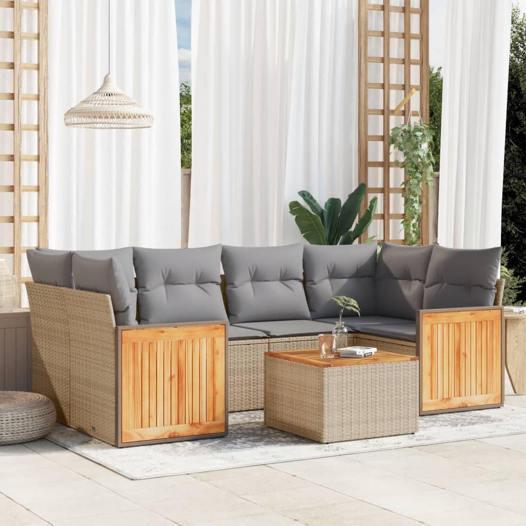 7-tlg. Garten-Sofagarnitur mit Kissen Schwarz Poly Rattan