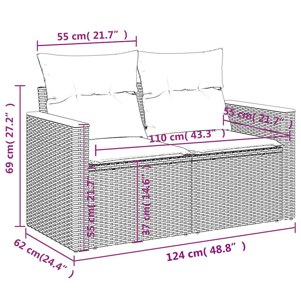 8-teiliges Gartensofa-Set mit Kissen, schwarzes Polyrattan