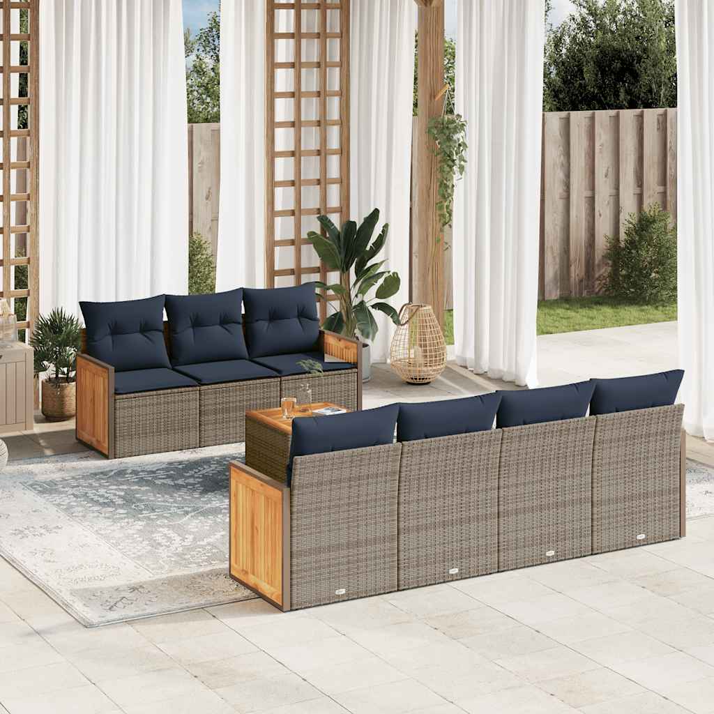 8-teiliges Gartensofa-Set mit Kissen, schwarzes Polyrattan