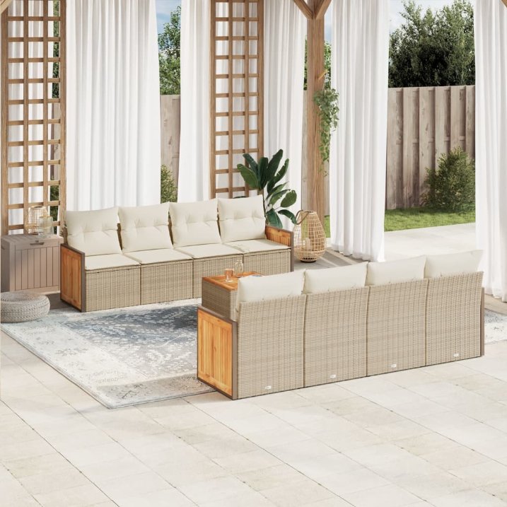9-tlg. Garten-Sofagarnitur mit Kissen Schwarz Poly Rattan