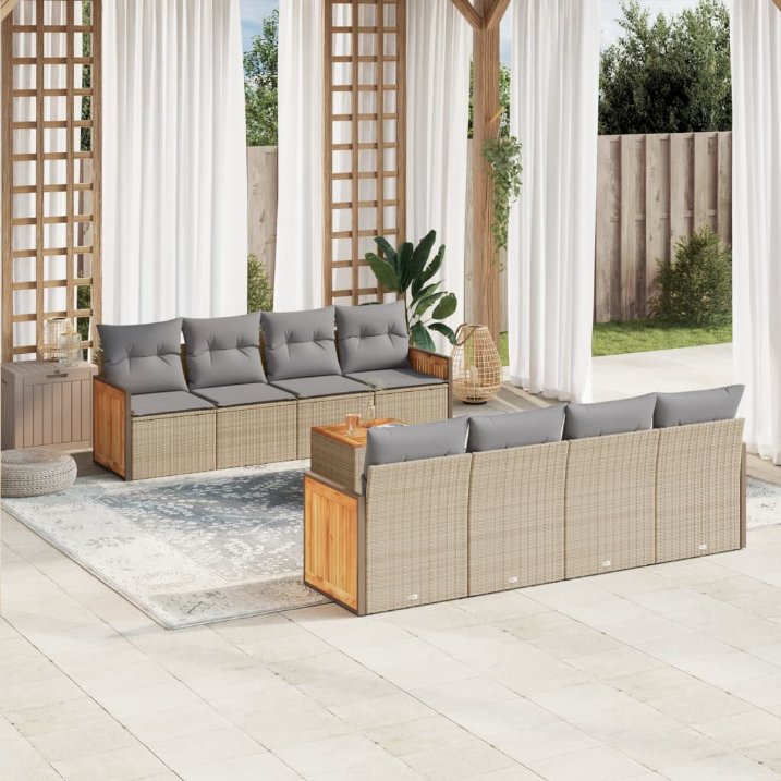 9-tlg. Garten-Sofagarnitur mit Kissen Schwarz Poly Rattan