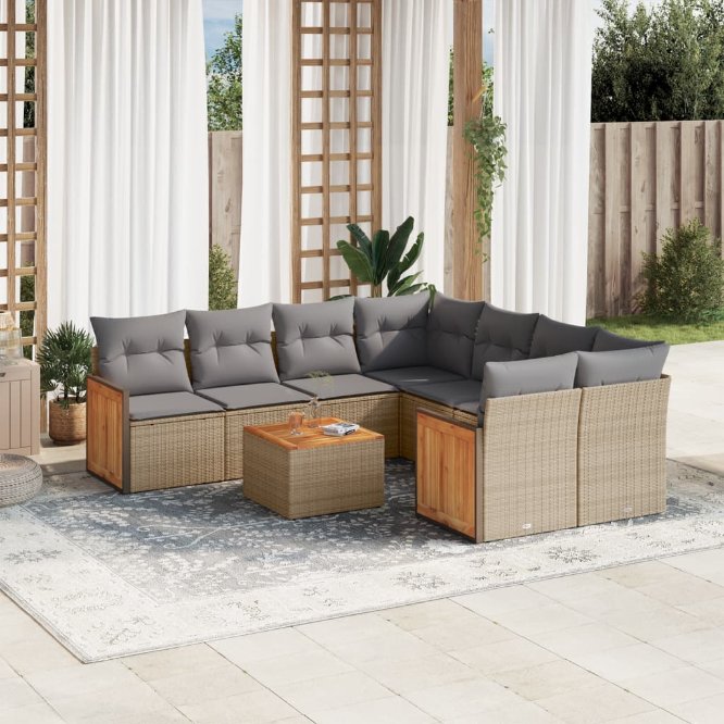 9-tlg. Garten-Sofagarnitur mit Kissen Schwarz Poly Rattan