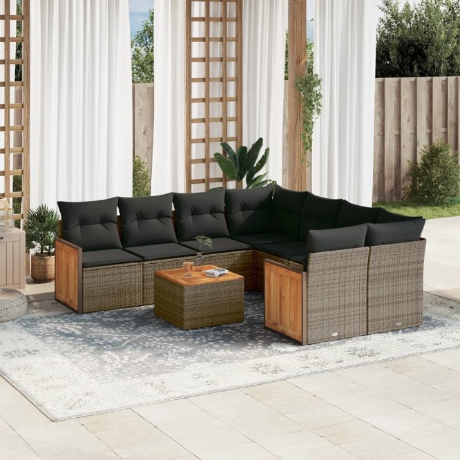 9-tlg. Garten-Sofagarnitur mit Kissen Schwarz Poly Rattan