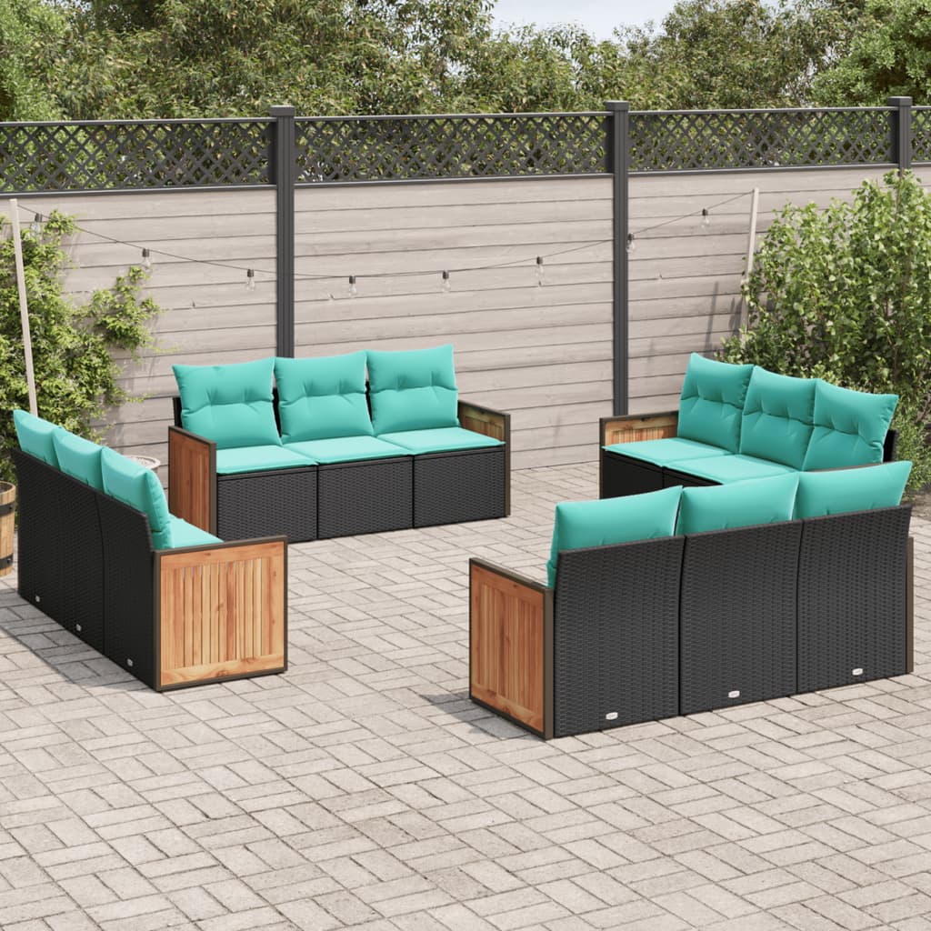 vidaXL 12-teiliges Gartensofa-Set mit Kissen, schwarzes Polyrattan