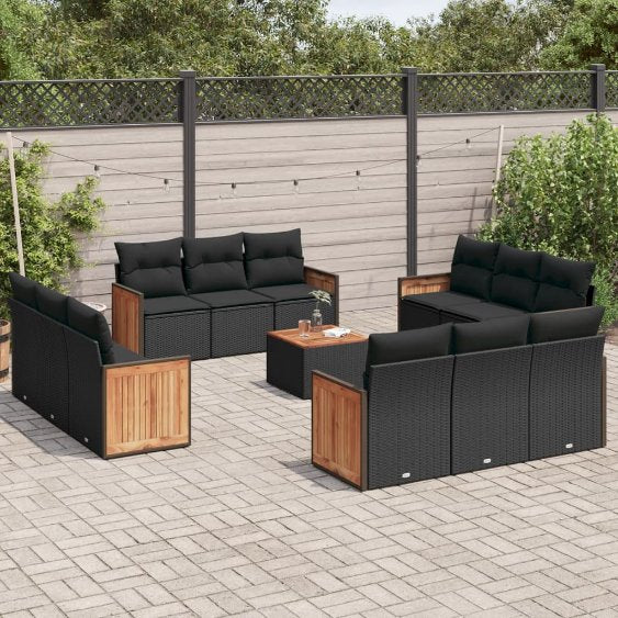 12-tlg. Garten-Sofagarnitur mit Kissen Schwarz Poly Rattan