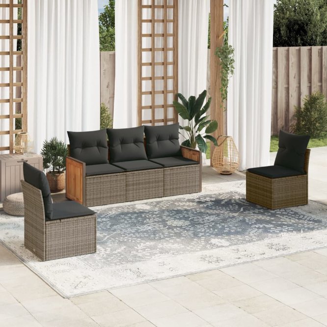 5-tlg. Garten-Sofagarnitur mit Kissen Schwarz Poly Rattan