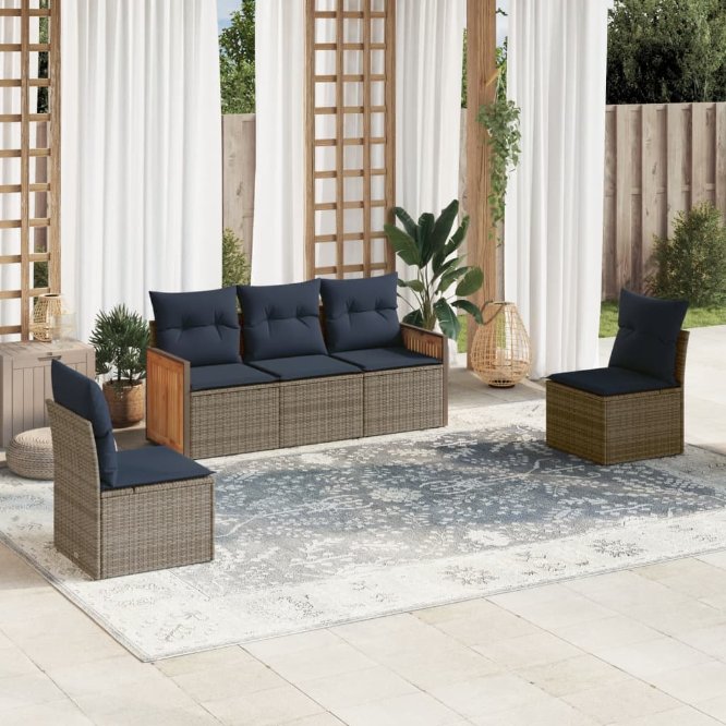 5-teiliges Gartensofa-Set mit Kissen, schwarzes Polyrattan