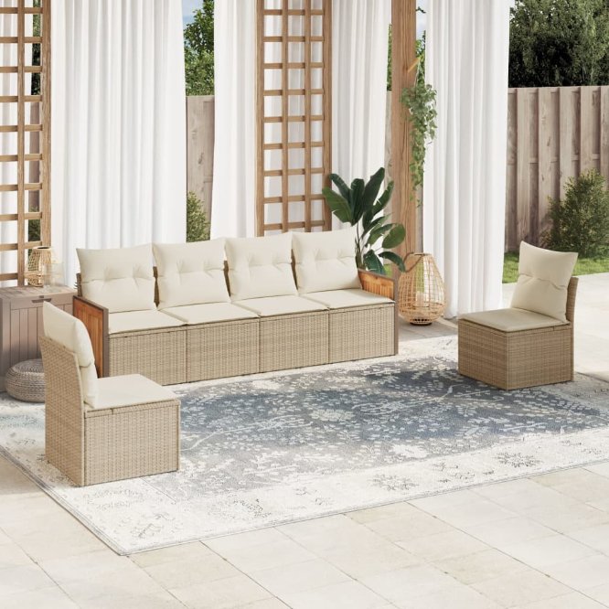 6-tlg. Garten-Sofagarnitur mit Kissen Schwarz Poly Rattan