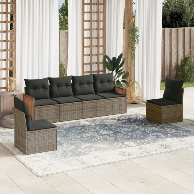 6-tlg. Garten-Sofagarnitur mit Kissen Schwarz Poly Rattan