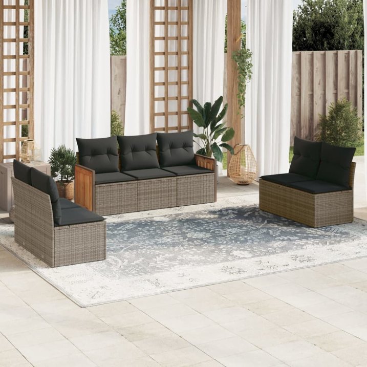 7-tlg. Garten-Sofagarnitur mit Kissen Schwarz Poly Rattan