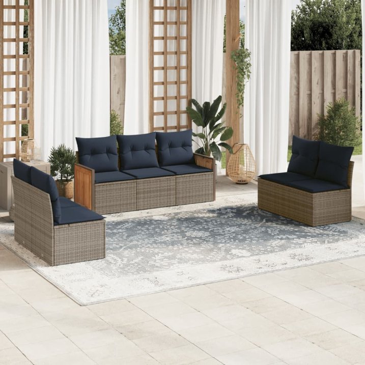 7-teiliges Gartensofa-Set mit Kissen, schwarzes Polyrattan