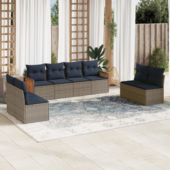 8-teiliges Gartensofa-Set mit Kissen, schwarzes Polyrattan