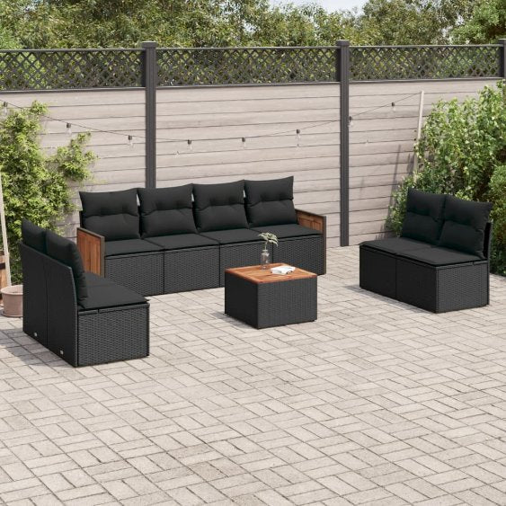 8-tlg. Garten-Sofagarnitur mit Kissen Schwarz Poly Rattan