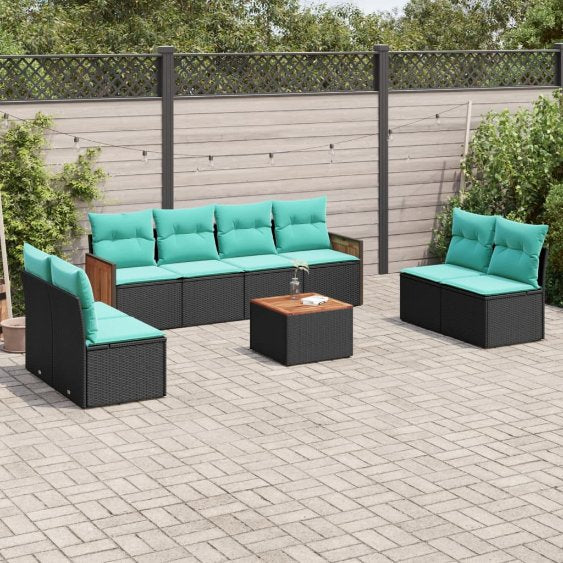 8-teiliges Gartensofa-Set mit Kissen, schwarzes Polyrattan
